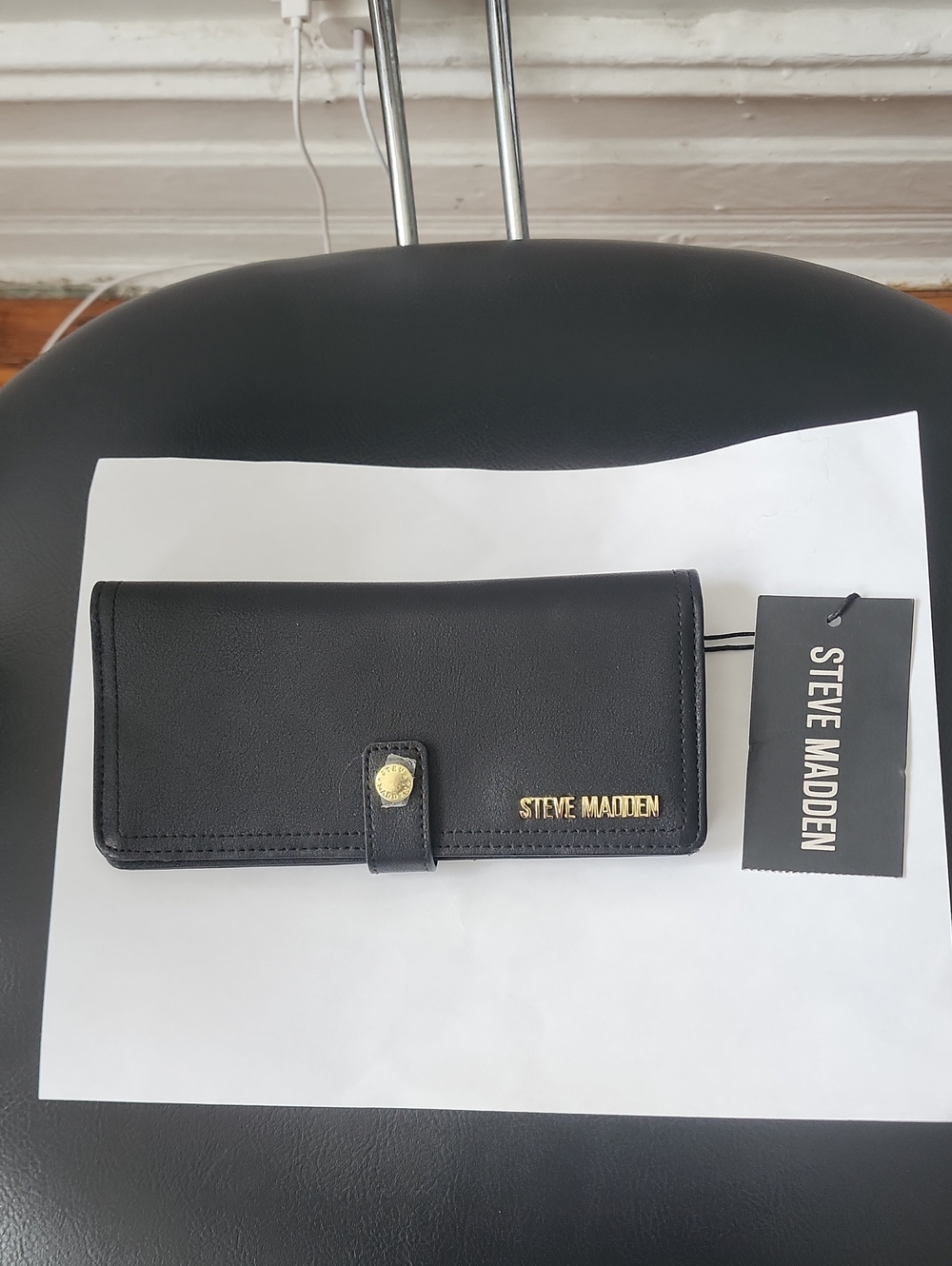 Steve Madden Black Trifold Wallet with Gold Accent
